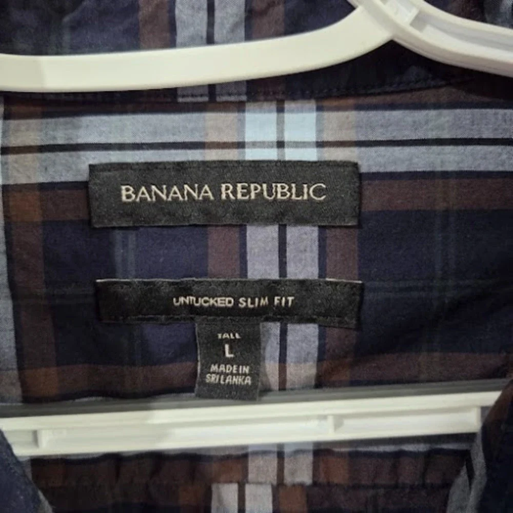 Banana Republic Button Up Shirt Men Large Tall (LT) Blue Plaid Untucked Slim Fit